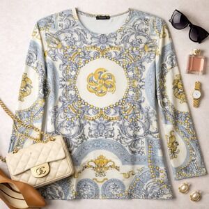 J McLaughlin Womens XS Long Sleeve Baroque Print Crew Neck Top Cream Yellow Blue